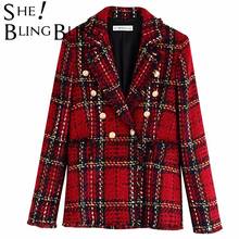 SheBlingBling Autumn Women Red Suits Plaid Skirt Set Double-Breasted Tweed Plaid Ladies Jacket Slim And Elegant Bust Two Piece 2024 - buy cheap