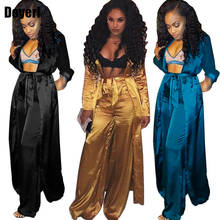 Satin Two Piece Set Women Fashion Long Kimono Cardigan Trench Coat and Wide Leg Pants Set Ladies Trousers Suits 2 Piece Outfits 2024 - buy cheap