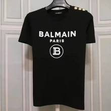 balmain flocking letter print T shirt one shoulder gold button 1:1 high quality men and women same style round neck T shirt 2024 - compre barato