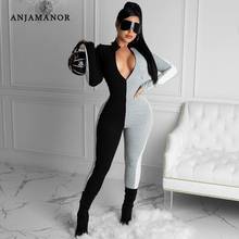 ANJAMANOR Sexy Front Zip Long Sleeve Jumpsuit Women Sport Knitted Color Block Patchwork One Piece Outfit Tracksuit D46-DC42 2024 - buy cheap