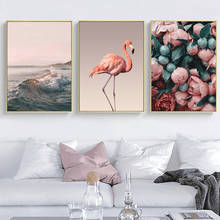 Nordic sala de estar decoração para casa flamingo rosa e mar quadros em tela quadros e impressões da parede quadros românticos 2024 - compre barato