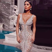 Ailigou 2022 New Fashion Chic Silver Sequin Ruffle Design V-Neck Backless Celebrity Party Club Maxi Long Party Dress 2024 - buy cheap