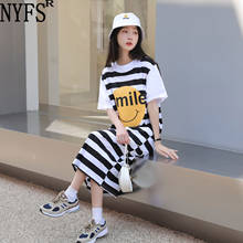 NYFS 2022 Summer New Korea Loose Short Sleeve Woman Dress Vestidos Robe Elbise Stripe Patchwork Smiley Print Long Dresses 2024 - buy cheap