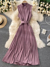 Spring Autumn Vintage Purple/Beige/Black Pleated Dress Women Round Neck Sleeveless Sashes Vestidos Female High Waist Robe 2020 2024 - buy cheap