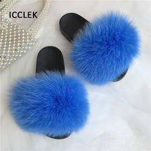 Summer Fur Slippers Women Fox Fur Slides Home Furry Slipper Flat Sandals Female Plush Flip Flops Fluffy House Shoes Woman 2024 - buy cheap