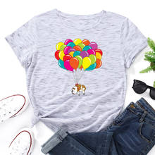 Футболка женская с графическим принтом, хлопковая рубашка с коротким рукавом, топ, одежда для собак, бульдогов, разноцветные воздушные шары, летающее небо 2024 - купить недорого