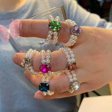 Vintage Colorful Shiny Crystal Pearl Ring Women Girls Fashion Charm Creative Elegant Hand Woven Geometric Rings Jewelry Gifts 2024 - buy cheap