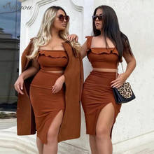 Ailigou Summer Style Sexy Sleeveless Ruffle Brown Split Halter Two-Piece Black Bandage Suit 2021 Celebrity Fashion Women Suit 2024 - buy cheap