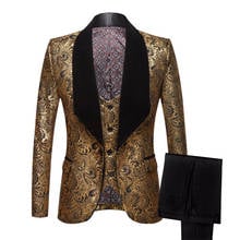 Conjunto de três peças de casamento masculino pyjtrl padrão floral de ouro slim fit vestido de festa de formatura smoking traje para cantores fantasia para fumantes uomo 2024 - compre barato