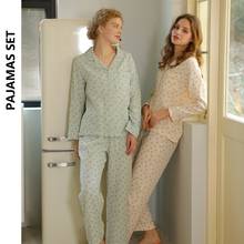 2021 primavera outono feminino pijamas estilo pastoral algodão crepe dandelion floral de duas cores terno conjuntos femme pijama feminino 2024 - compre barato