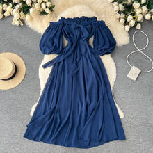 2022 Boho Spring Blue Vintage Bow sexy off shoulder Long Dress Summer party elastic waist dress Women tunic beach holiday dress 2024 - buy cheap
