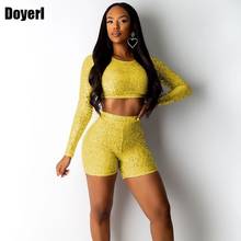 Sequin Bodycon Two Piece Set Women 2022 Autumn Winter 2 Piece Sexy Club Outfits Set Long Sleeve Crop Top and Short Matching Sets 2024 - buy cheap