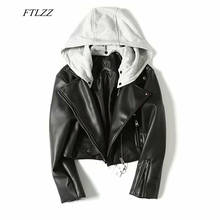 FTLZZ Women New Faux Soft Leather Short Jackets Hooded Pu Motorcycle Hat Detachable Black Punk Zipper Coat Female Outerwear 2024 - buy cheap