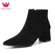 2019 Fashion Women Boots Cow Suede Pointed Toe Zip Ankle Boots Short Plush Solid Square Heel Autumn Winter Woman Shoes 2024 - buy cheap