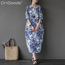 OriGoods Women Dress Cotton Linen 2022 New Summer Dress Chinese style Print Loose Casual Long Dress For Women Vintage Robe A001 2024 - buy cheap