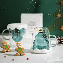 Taza de café con diseño de árbol de Navidad para niños, vaso de vidrio antiquemaduras de doble capa con cielo estrellado, aislamiento térmico, taza de leche para el desayuno, regalo para niños, 300ML 2024 - compra barato
