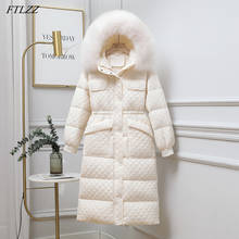Ftlzz casaco feminino longo de pele natural, jaqueta de neve de manga comprida com gola alta, quente e grossa de inverno 90% para mulheres 2024 - compre barato