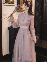 Malha de renda bordado cor sólida gola vestido longo mulheres primavera emagrecimento fada estilo manga longa suave vestido roxo 2024 - compre barato