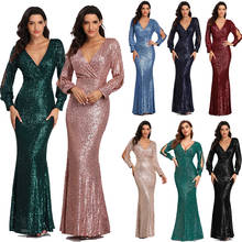 Sexy V-neck Mermaid Evening Dress Long Formal Prom Party Gown Full Sequins long Sleeve Galadress Vestidos Women Dresses 2021 2024 - buy cheap