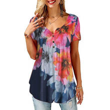 Women's Floral Gradient Printing Button V-Neck Short Sleeve Blouse T-Shirts Loose Top For Summer Autumn Female Casual Wear 2024 - buy cheap