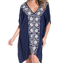 Vestido de praia sexy n783, vestido bordado de algodão azul com mangas morcego, para o verão, roupa de praia feminina, revestimento para nadar 2024 - compre barato