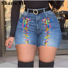 Shorts jeans tamanhos grandes, sexy, branco, azul, vazado, verão, mulheres, cintura alta, rasgado, borla, curto, renda, bandagem, calças quentes 2024 - compre barato