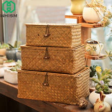 WHISM Wicker Woven Storage Basket with Lid Rattan Sundries Storage Box Basket Handmade Sorting Boxes Seagrass Jewelry Organizer 2024 - buy cheap