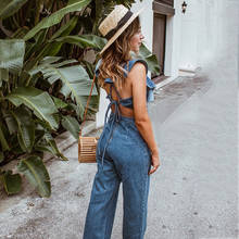 Foridol Sexy Backless Lace Up Jumpsuits Overalls Ruffle Sleeveless Blue Denim Long Pants Zipper Wide Leg Vintage Jumpsuits 2021 2024 - buy cheap