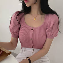 2020 Summer Single Breasted Knitted Puff Sleeve T Shirt Korean Sweet Square Collar Slim Tee Top Vintage Solid Elegant OL T-Shirt 2024 - buy cheap