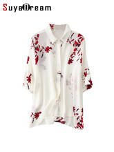 SuyaDream Floral Shirts Women 100%Silk Crepe Bat Sleeves Chic Loose White Blouses 2022 Spring Summer Top 2024 - buy cheap