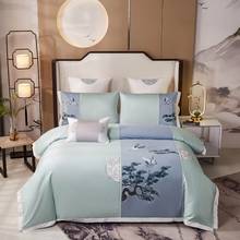 Papa&Mima Chinese Painting Satin Egyptian Cotton Bedding Set Queen King Size Embroidered Linens Sheet Pillowcase Duvet Cover 2024 - buy cheap