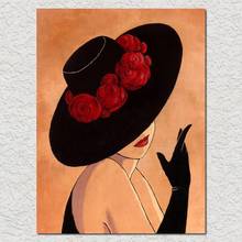 Pintados à mão pintura a óleo arte mulheres Senhora em preto vermelho chapéu Senhoras da lona arte impressionista para decoração do quarto 2024 - compre barato