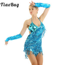 Womens Sparkling Sequined Latin Dance Costume Halter Tassels Fringe Backless Salsa Rumba Samba Tango Latin Dance Dress 2024 - buy cheap