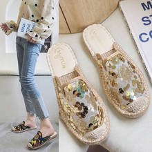 Sandália das mulheres da moda com brilho, chinelos de malha com salto baixo slip-on casual verão 2024 - compre barato