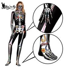 [You're My Secret] Halloween Cosplay Costume Full Cover Bodysuit 3D Skull Skeleton Print Catsuit Long Sleeves Slim Party Outfits 2024 - buy cheap