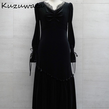 Kuzuwata-vestido elegante de encaje de retales para mujer, ropa de manga larga acampanada, de terciopelo negro, elegante, Sexy, ajustado, 2021 2024 - compra barato