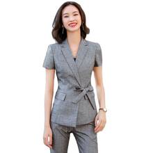 Novelty Grey Formal Professional Women Business Suits with Pants and Jackets Coat Female Pantsuits Summer Short Sleeve Blazers 2024 - buy cheap