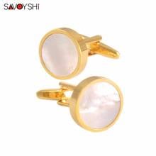 Savoyshi abotoaduras de concha branca redondas, botões de camisa masculinas, abotoaduras de cor dourada de alta qualidade, presente de negócios, jóias de marca 2024 - compre barato