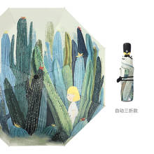 Paraguas con mango de madera para mujer, sombrilla con ilustración de Cactus, resistente al viento, plegable, con protección UV 2024 - compra barato
