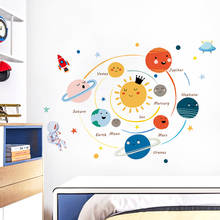 Adesivo de parede de planetas com sistema solar, desenho animado para crianças, quarto das crianças, decoração de casa, mural, papel de parede removível, quarto, berçário 2024 - compre barato