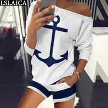 New women sets short sleeve off the shoulder tops&short pants causal 2 piece set women anchor printing elegant two piece set 2024 - buy cheap