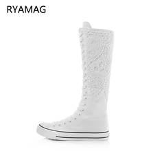 Ryamag botas femininas de lona e renda, novas botas longas, sapatos planos, casuais, de cano alto, com zíper, tênis vulcanizados confortáveis, 2021 2024 - compre barato