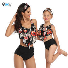 Qunq Mommy and Me Swimsuit 2021 New Summer Family Matching Swimwear Ruffle Bikini Bathing Suit Mother Daughter Beachwear 2024 - buy cheap