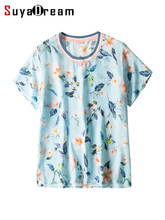 Suyadream blusa feminina estilo coreano, camisas de seda 100% seda verdadeira manga curta floral camisa verão 2020 2024 - compre barato