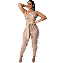 Feather Tassel Sequin Jumpsuit Women Backless Open Back Black Sexy Sheer Mesh Bodysuit Bandage Bodycon Party Jumpsuits Playsuits 2024 - buy cheap