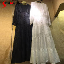 Женское жаккардовое платье на пуговицах, белое платье с длинными рукавами-фонариками, V-образным вырезом и кружевной вышивкой, весна 2021 2024 - купить недорого