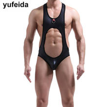 Ropa interior Sexy para hombres, mono de piel sintética, ropa interior ahuecada, camiseta de lucha Gay, leotardo con bolsa sin espalda 2024 - compra barato