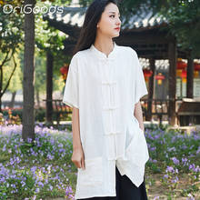 OriGoods Chinese style Long Shirt Women Linen Vintage Summer Long Shirt Blouse 2019 New Solid Black White Shirt Long Tops B259 2024 - buy cheap