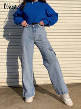 Weekeep Pockets Patchwork High Waist Jeans Women Streetwear Straight Jean Femme Blue 100% Cotton Cargo Pants 2024 - купить недорого