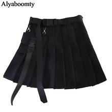2021 Japanese Harajuku Women Streetwear Skirt Gothic Punk Style High Waist Female Saias Black Gray Mini Pleated Skirt With Belt 2024 - buy cheap